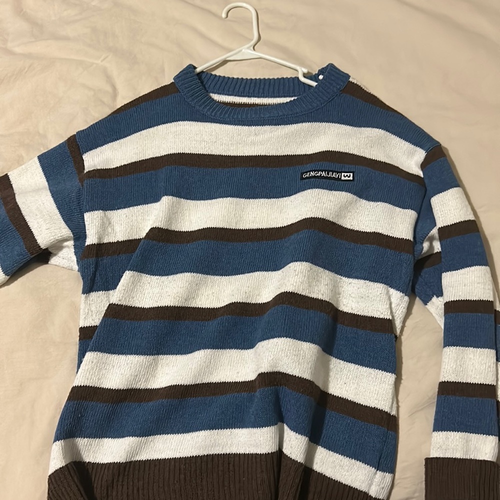 Stripped blue, white, brown crochet long sleeve sweater
